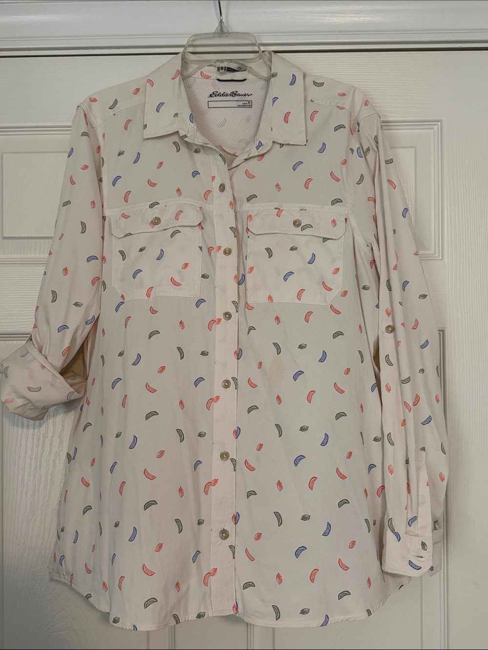 Eddie Bauer cream colored Lightweight Shirt with coral, sage and blue Accents